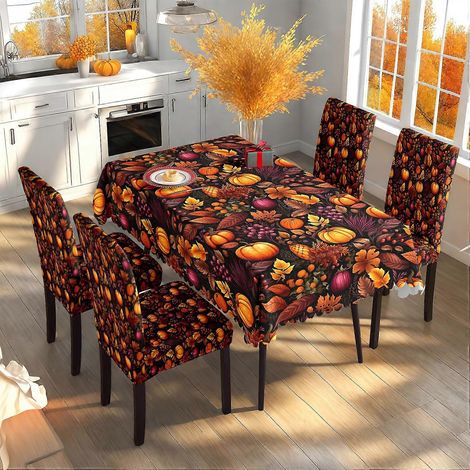 Nappe et housses de chaises en tissu pour Thanksgiving, motif citrouille et feuille d'érable, collection automne, TC-270 (140 x 210 cm, imperméable) (1/4)