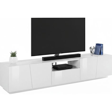 Dmora Mueble para TV para salón, Made in Italy, mueble para TV con 4 puertas y 1 cajón, 220x43h46 cm, color blanco brillante, con luz LED blanca, con embalaje reforzado