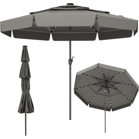 GOPLUS Parasol de Jardin Extetieur avec 32 lumières LED, 3M Parasol Balcon Inclinable avec Manivelle, Auvent à 3 Couches, 8 Baleines, pour Terrasse, Piscine, Base Non Incluse (Gris)