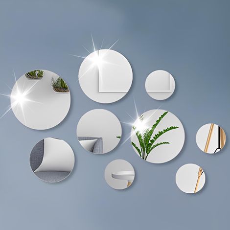 9 stickers muraux miroir ronds en acrylique argenté, à coller sur porte ou placard. Déco salon, chambre, bureau, couloir. Tailles : (1/5)