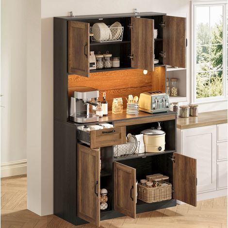 MODFU – Credenza cucina 110x40x180 cm in MDF con LED RGB, prese USB, 6 ante, cassetto e carico 60 kg – Naturale/nero (1/5)