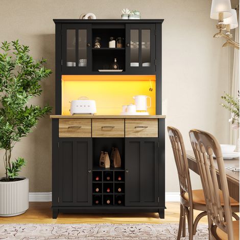 Buffet haut de cuisine en MDF noir 106 x 40 x 179,5 cm, avec éclairage LED, 6 niches, porte-bouteilles 9 places et rangement (1/5)