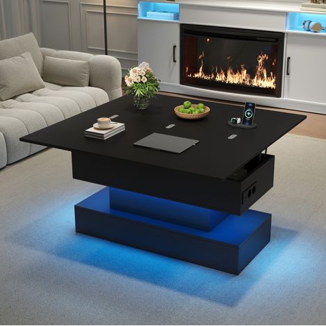 Tavolino da salotto elevabile 100x50x51,5 cm con LED, presa integrata, contenitore e altezza regolabile - nero (1/5)