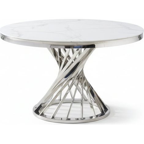 Table à manger ronde en verre trempé effet marbre blanc Chrome - NAUTILUS (1/5)