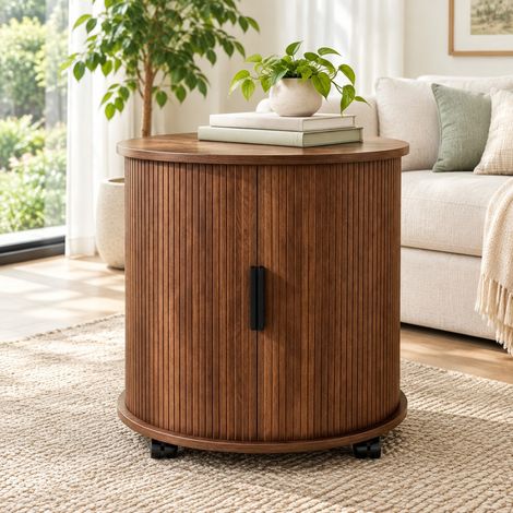 Mesita de noche cilíndrica con estación de carga, puerta corredera y ruedas, MDF en madera oscura, para dormitorio o salón – CHICFURN, almacenaje versátil (1/5)