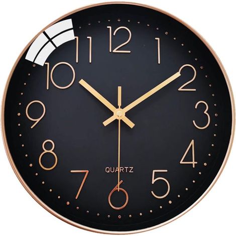 Horloge murale ronde silencieuse - noire et dorée, 30 cm, cadran arabe, mouvement à quartz, horloge décorative contemporaine pour séjour et chambre (1/3)