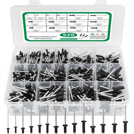 Coffret de 520 rivets aveugles en aluminium noir, assortiment de rivets pop à mandrin acier, boîte de rangement compartimentée, pour fixation métal, tôle et bricolage