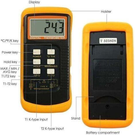 NALOOKAMIC Thermomètre de type K avec capteur thermocouple 1300°C (filaire et acier inoxydable) (°C,°F et K avec 4 thermocouples) (1/3)