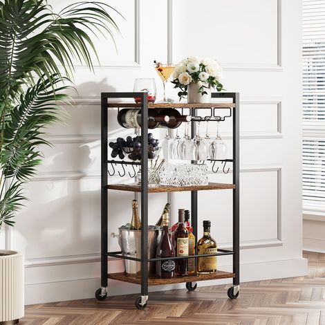 Drinks Trolley, Bar Cart with 3-Tier Shelf, Serving Trolley with Wine Rack, Glass Holder, Rolling bar cart for the Home, Living Room