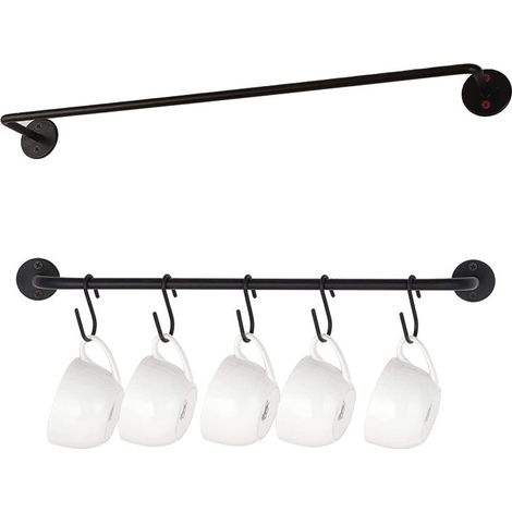 Soporte de pared para tazas de café (barra de metal negro con 5 ganchos extraíbles)