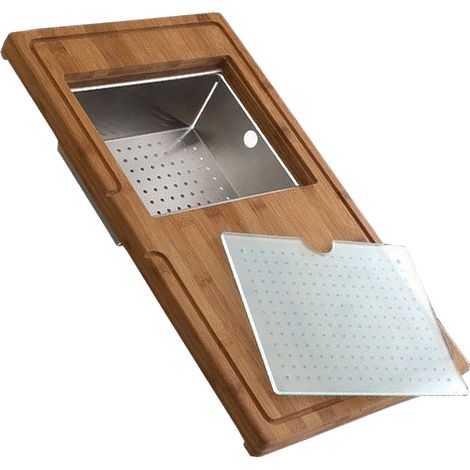 Planche complète en bambou avec vide-sauce inox et planche en verre - L 540 x l 320 x P 30 mm - Aquatop