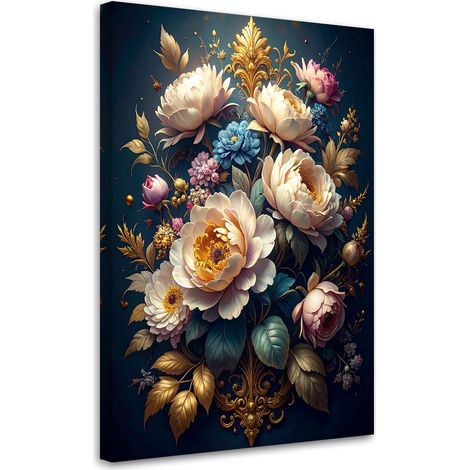 Quadro su tela, Un bouquet di rose e fiori color crema su uno sfondo botanico scuro. - 20x30 (1/2)