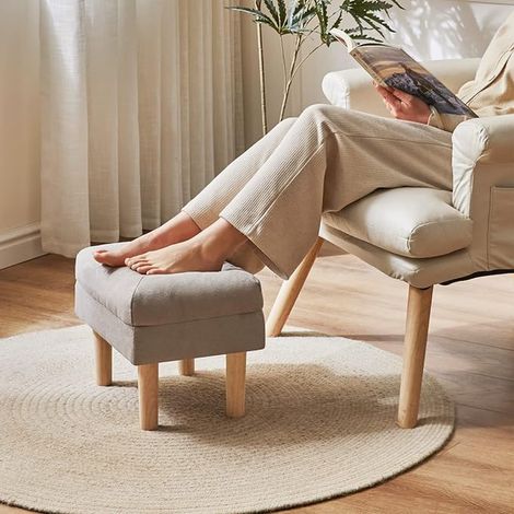 Petit Pouf Repose Pied Ottoman, Chaise avec Siège Rembourré Éponge, Repose-Pieds, Tabouret Bas Bois Chambre à Coucher, Salon, Entrée, 40×29×32CM, Gris HBD023G (1/2)