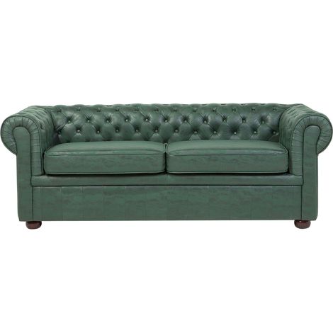 Sofá Chesterfield tapizado en piel sintética verde patas de madera oscura 3 plazas estilo clásico Chesterfield (1/5)