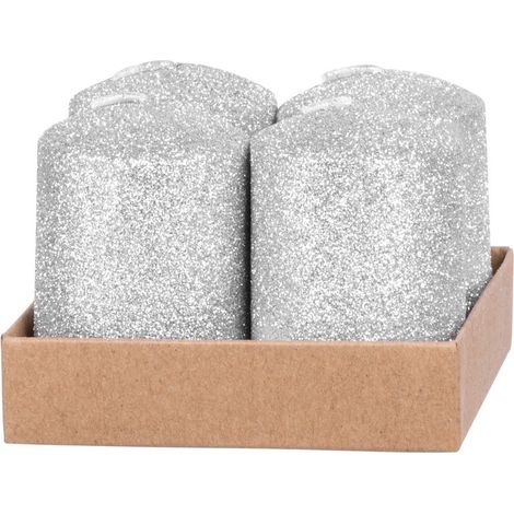 Kerze MagicHome Weihnachten, 4x6 cm, zylindrisch, Packung 4 Stk., silber, mit Glitzer, Advent