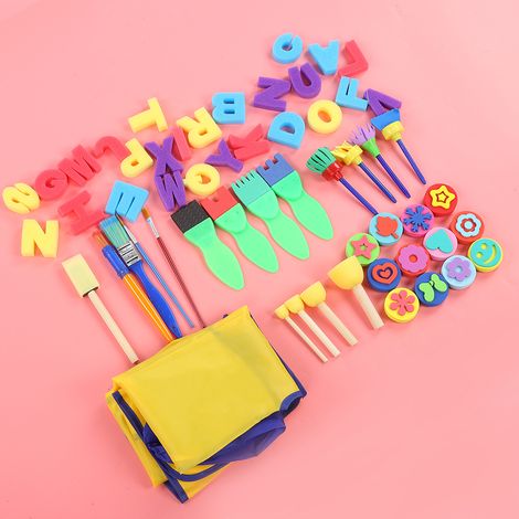 Ensemble de 57 pinceaux en éponge avec sac en tissu pour la peinture, le tamponnage, le lettrage, la peinture sur vêtements et autres fournitures pour enfants (1/5)