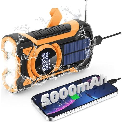 Radio d'urgence avec manivelle, cellule solaire, batterie externe de 5000 mAh, Bluetooth, AM/FM, SOS et lampe torche. (1/5)