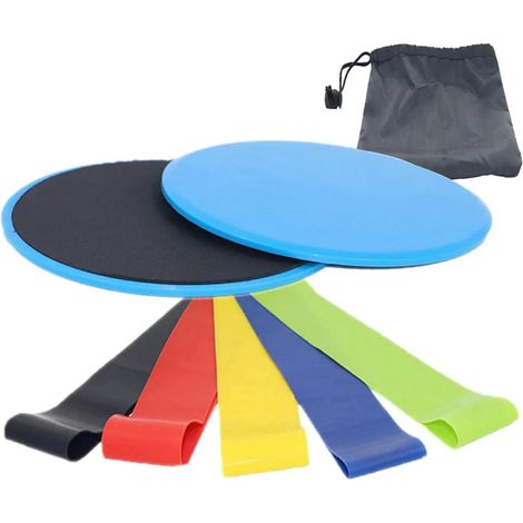 Doppeltes Fitness-Übungskern-Schiebeelement und 5-Schleifen-Yoga-Trainingswiderstandsbänder-Set für Bein- und Gesäßaufbau, Krafttraining, Kern-Gleitdisk für Hüfte und Bein, Blau (1/5)