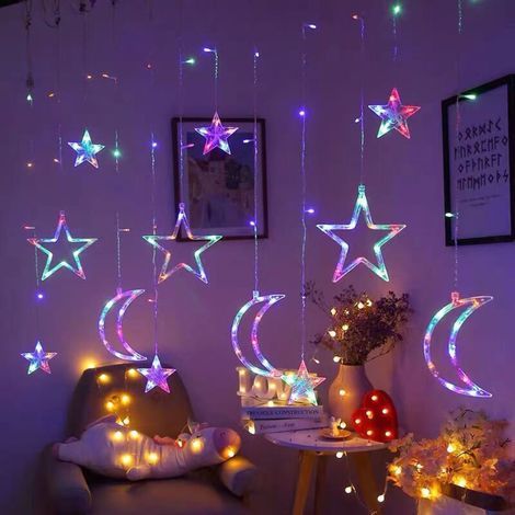 Guirlande lumineuse décorative Étoile et Lune en LED pour fenêtre – ambiance romantique chambre, salon ou boutique, 2 mètres, couleur chaude (1/5)