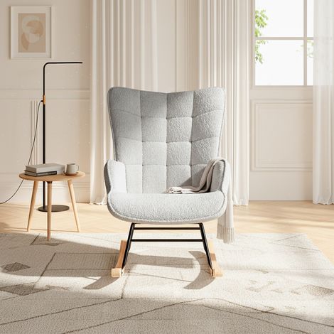 Fauteuil à bascule - dossier rembourré peluche douce, 75x68x92 cm, Motif à carreaux, structure métal et pieds bois massif , nordique - Beige - Gris clair (1/5)