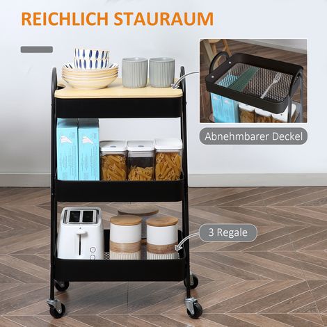 Chariot roulant, desserte de service à 3 étagères en métal et plastique, noir (1/5)