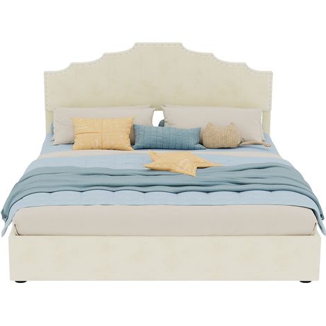 Lit moderne minimaliste moelleux 160x200 cm beige avec tête de lit confortable, coffre hydraulique et matelas inclus (1/4)