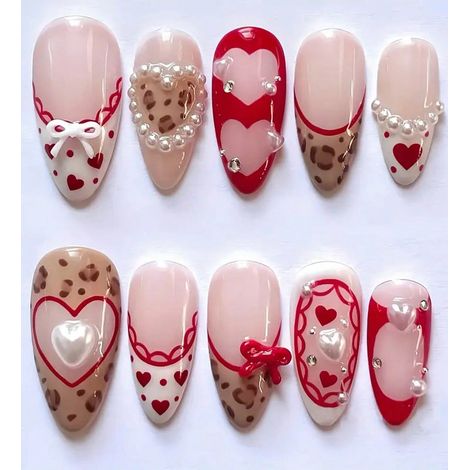10 autocollants à ongles sur le thème de la Saint-Valentin et du Nouvel An, formes cœur, cerise, paillettes et amande, plusieurs tailles. Cadeau idéal pour femmes et filles, avec un lime à ongles en g (1/4)