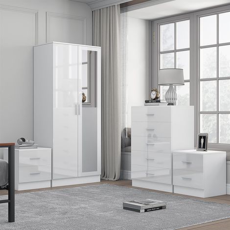 Reflect 2 Door Mirror Wardrobe, 5 Drawer Chest, 2x 2 Drawer Bedsides - White Gloss & Matt White - Modern Bedroom Furniture Set