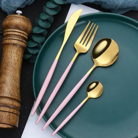 Services de table,Vaisselle de cuisine couverts en acier inoxydable dîner noir or ensemble de couverts - Type pink silver 1set (1/4)