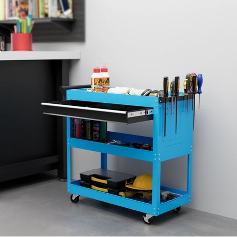 Carro porta herramientas metálico azul de 3 niveles con 4 ruedas, 82 x 35 x 76 cm, OKWISH (1/5)