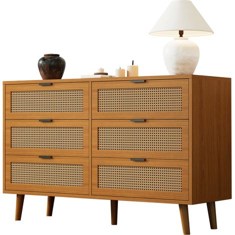Comoda con 6 Cajones, Tiradores de Metal, Estilo Retro para Dormitorio y Salon, en Tablero de Particulas, 120×40×76.5 cm, Nogal (1/5)