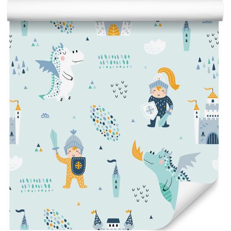 Papier peint Château, dragons et chevaliers de conte de fées pour salon et chambre 50x1000 cm (1/5)