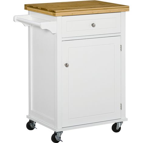 Wooden Kitchen Cart Storage Trolley with Drawer and Towel Rail - White Cabinet for Home Organization