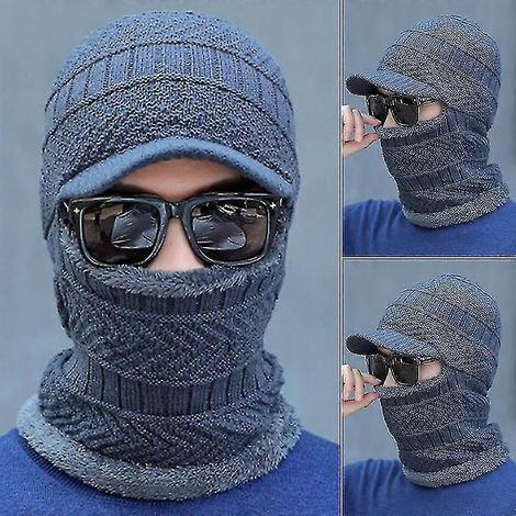 Tour de cou tricoté chaud pour homme, écharpe cagoule, bonnet, masque de ski, chapeau-Grey
