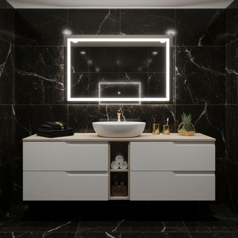 Meuble de salle de bain suspendu 140 cm, blanc et beige, plan de toilette, 4 tiroirs, étagère intégrée, sans vasque – MODERN