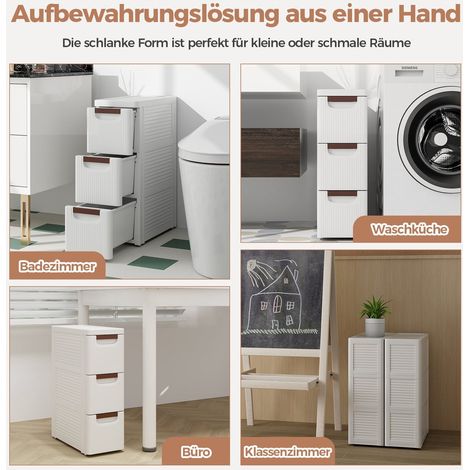 Carrello portaoggetti sottile con ruote, 3 cassetti, bianco, materiale PP (1/5)