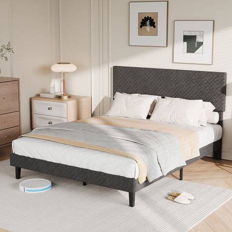 Letto matrimoniale 160x200 cm in lino grigio scuro, con testiera imbottita, struttura in metallo stile moderno e rete a doghe