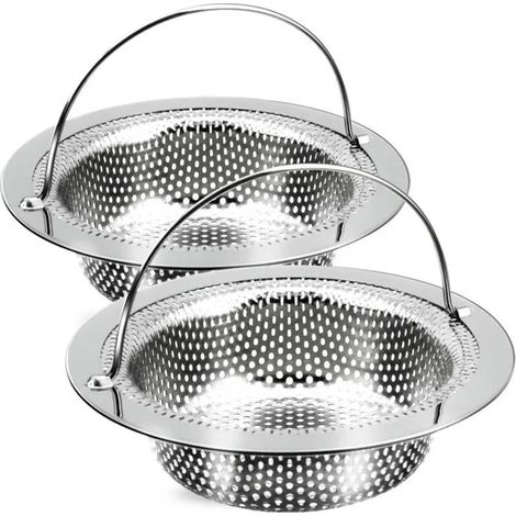 Lot de 2 crépines d'évier avec poignée, grand panier de vidange en acier inoxydable avec filtre alimentaire (1/5)