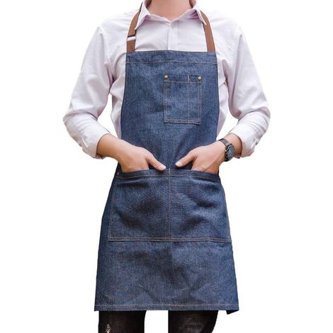 Delantal unisex ajustable de mezclilla con múltiples bolsillos, ideal para chefs, barbacoas y estudios. (1/5)
