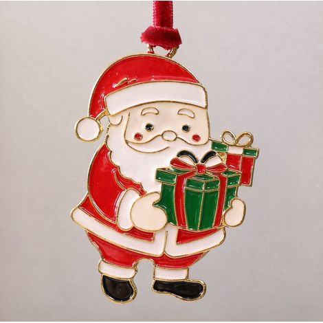 Ornement sapin Père‑Noël avec paquets cadeaux métal émail, déco Noël 5×7 cm (1/3)