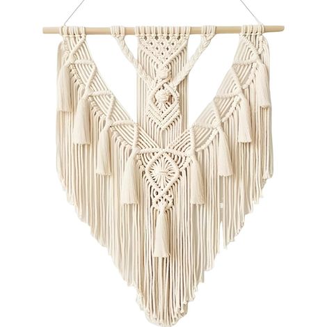 70 cm x 50 cm - Tenture murale en macramé - En coton - Décoration artistique - Artisanat avec pompons - Décoration murale faite à la main - Tapisserie tissée - Beige (1/5)