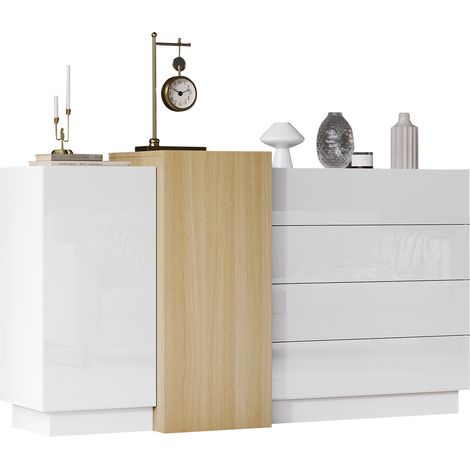 Buffet blanc brillant avec finition bois clair, design moderne – Rangements pratiques pour salle à manger, style minimaliste (1/5)