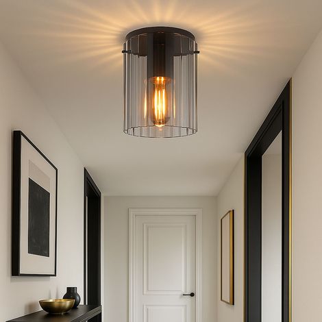 Plafoniera a LED lampada da soggiorno retrò lampada da soffitto scanalata in vetro lampada da corridoio fumé grigia, 1x 7W 630lm bianco caldo, DxH 18 x 23 cm