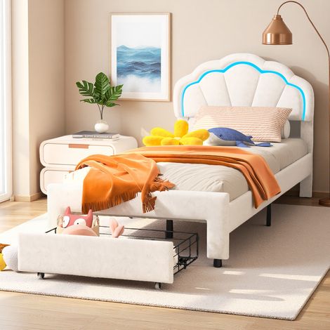 Cama infantil tapizada, cama individual 90x200cm, cabecero en forma de flor con LED, con cajón, estructura de cama para niños y niñas, tela de terciopelo (1/5)
