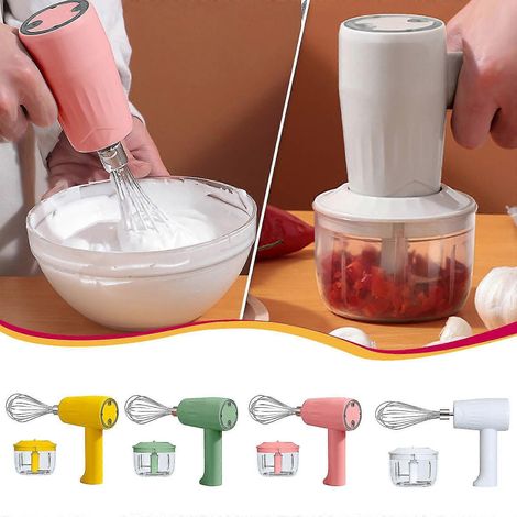 Appareil de cuisson sans fil deux-en-un : petit appareil de chargement USB avec batteur à œufs portatif, accessoire pour viande hachée à l'ail et autres aliments. (1/5)