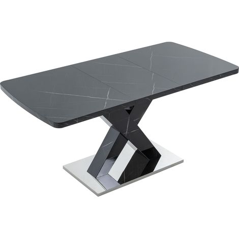 Tavolo da Pranzo Allungabile Rettangolare con Gamba a X, Piano Effetto Marmo Nero, in MDF e Acciaio, Nero (1/5)