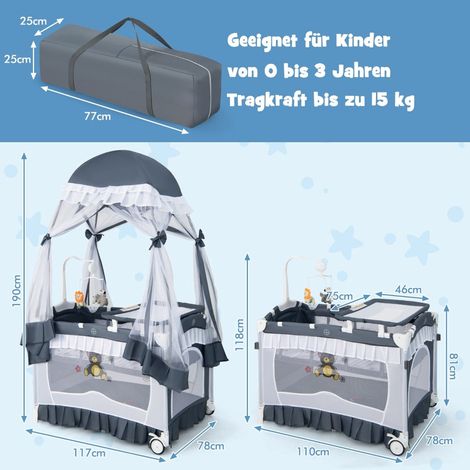 4-in-1 Baby-Reisebett mit Verdeck und Matratze, Grau
