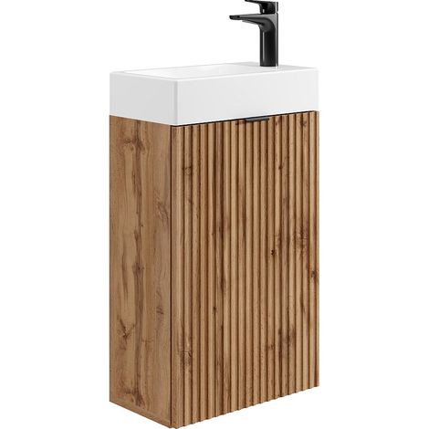 Meuble lave main strié porte réversible naturel clair - H60 x L40 x P22 - VAHIRA