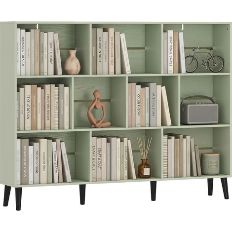 HOMCOM Bookshelf with 10 Cubbies, Book Shelf with Wood Legs, Light Green (1/5)