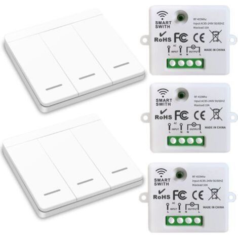 Interrupteur d'éclairage sans fil, interrupteur de sécurité de l'émetteur RF et contrôleur de récepteur 10A, installation facile pour lampe jusqu'à 1500W/ 3 récepteurs et 2 commutateurs